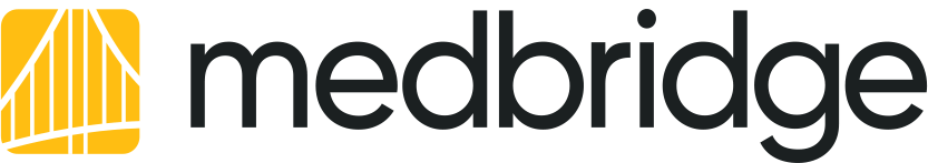 The Medbridge logo shows a yellow bridge graphic next to black text, highlighting their healthcare education focus.